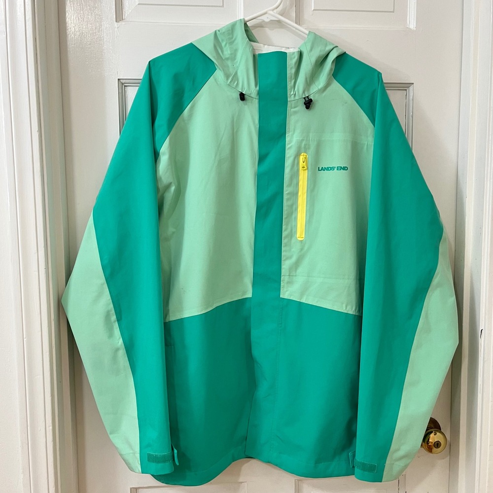 Lands End Waterproof Packable Rain Jacket Mens L Green Colorblock Hooded